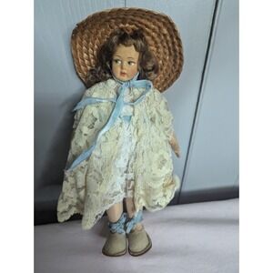 Lenci like Vintage 10" lace cream blue dress straw hat doll metal leg joints